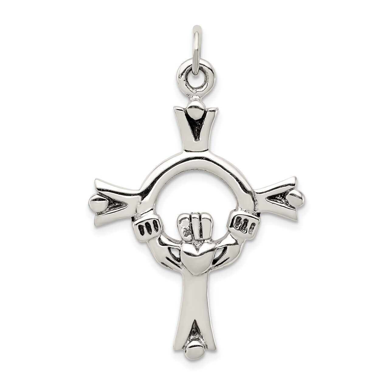 Sterling Silver Claddagh Cross Pendant Jewerly 41.4mm x 27.8mm